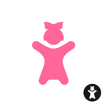 Happy little girl icon. Pink kid silhouette with hands up.