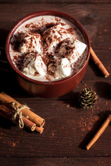 Hot chocolate in a mug, marshmallows, cinnamon sticks and fir cones, top view