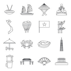 Obraz premium Vietnam travel icons set in outline style isolated vector illustration