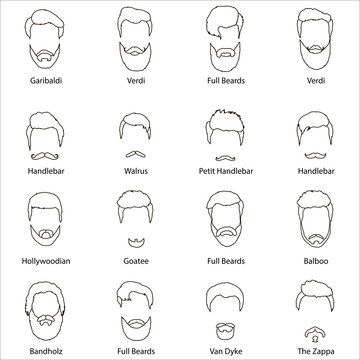 Mans hair set of beards and mustaches vector line. Hipster style fashion beards and hair isolated illustration outline. Peoples hairstyle icon, collection of beards mustaches barbershop.