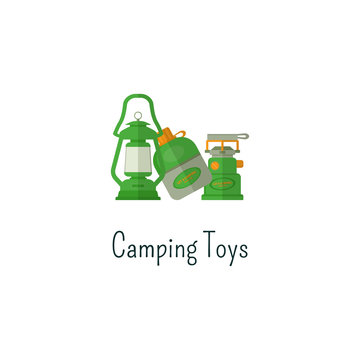 Camping toys flat icon. Toys isolated color pictogram. Toys for outdoors fun children. Adventure toys symbol for Vacation with family. Camp concept. Summer graphic for web infographics, print. Vector.