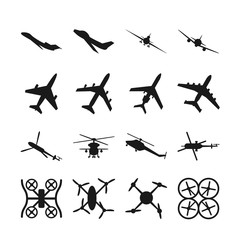 Aircrafts, helicopters, drones black vector icons. Set of aircraft quadrocopte and helicopter. Military aircraft illustration