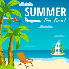 Summer Time in Beach Sea Shore. Time travel. Lounge chair. Dubai. Vector Illustration.