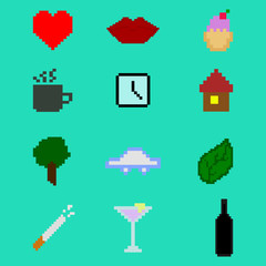 Pixel icon set. Vector illustration. Colorful pixel icon