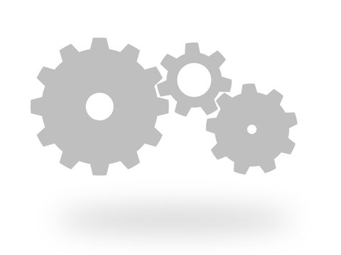 Three grey cog wheels fit in gear machine. Vector illustration with shadow on white background