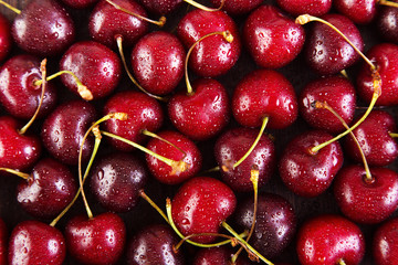 Background of red cherries with water drops