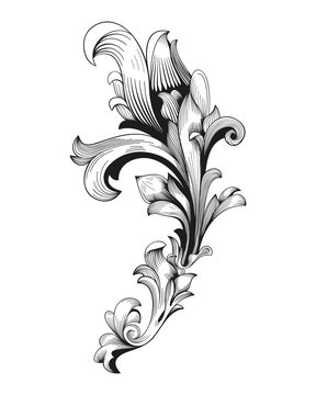 Vintage baroque frame scroll ornament engraving border floral retro pattern antique style acanthus foliage swirl decorative design element filigree calligraphy vector damask