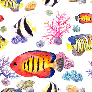 Fish. corals, seashells. Repeating seamless pattern. Watercolor