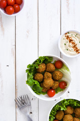 Vegetarian falafels in bowl and hummus on white wood

