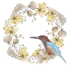 Round frame. Flowered wreath with flowers and bird watercolor, feathers, buds, gift cards, pastel colors, invitations, hand drawn artistic illustrations.