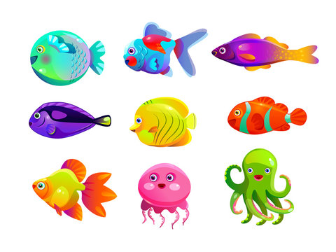 Funny cartoon colorful tropic fishes