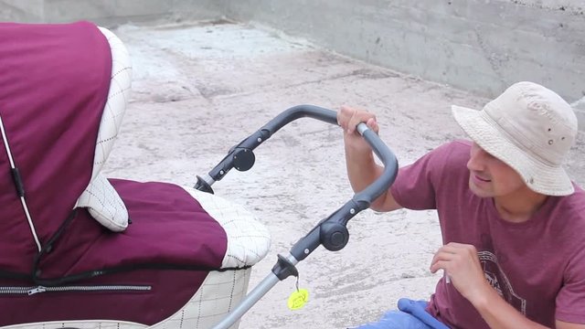 Father Man With Baby Carriage Smoking