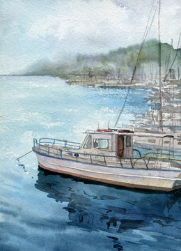 watercolor sea landscape with boats