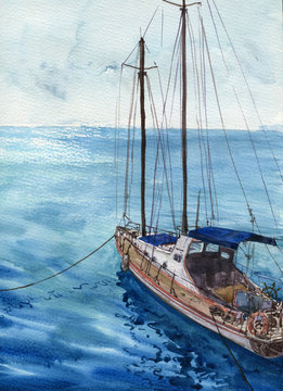 watercolor sea landscape with boats