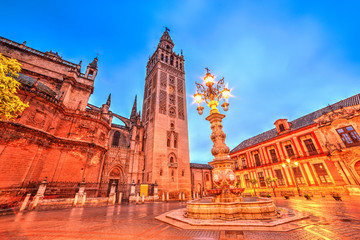 Seville town, artistic architecture of Saint Mary Cathedral in Andalusia, Spain - obrazy, fototapety, plakaty