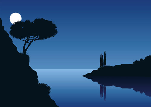 Landschaft mit Vollmond an einer felsigen K&uuml;ste