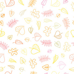 Seamless pattern with falling colorful leaves on  white  background. Autumn season. Vector contour  image.