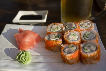 sushi rolls in a cafe on the coast