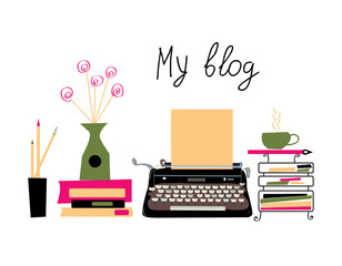 Blog banner with typing machine and books - 114982331