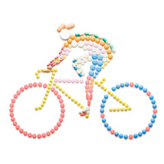 Professional roadie / Doping drugs and pills in the shape of a road bicycle racer on a bike.