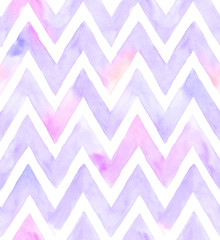 Watercolor chevron of purple color with white background. Seamless pattern for fabric