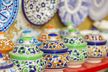Fototapeta na wymiar Selection of traditional ceramics on Moroccan market (souk) in F