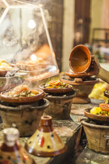 Selection of very colorful Moroccan tajines (traditional cassero