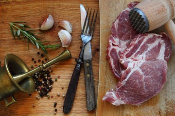 Raw meat. Pork steak with herbs