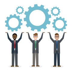 Team building concept. Three businessmen holding gears. Solving problems, meeting new people, planning strategy together. Positive work in team.