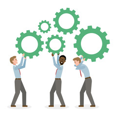 Team building concept. Three businessmen holding gears. Solving problems, meeting new people, planning strategy together. Positive work in team.