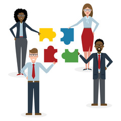 Teamwork, team buildig concept. Taking puzzle pieces together. Partnership, brainstorming and finding solution together. Join the team.