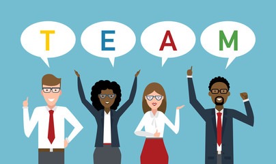 Teamwork concept. Four businessmen with colorful speech bubbles teamwork. Success in business, career and communication. Happy partership helps find solution and achieve success.