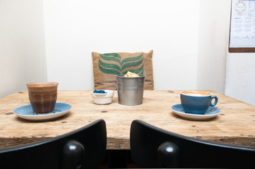 Fresh coffee in a cafe interior