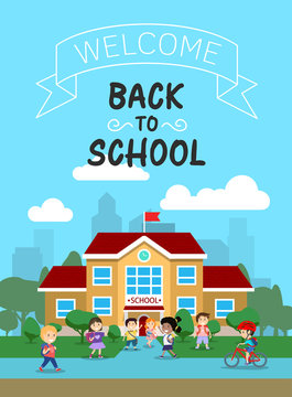 Vector illustration of school building with schoolkids, for poster or banner, etc.