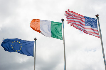 European, Irish and American flags blowing in the wind