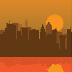 Cityscape with sunset and river flat color design.