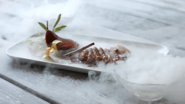 Cooked meat on a plate. Meat with sauce and herb. Duck breast with frisee lettuce. Delicious dish and dry ice.