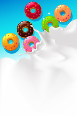 vector white splash milk illustration background with sweet donut