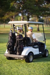 Rear view of male golfer friends sitting in golf buggy