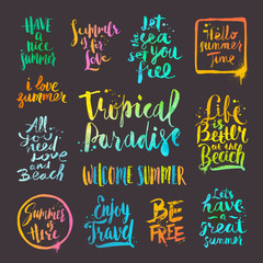 Summer holidays and vacation quotes, phrases and greetings. Vector set of Hand drawn calligraphy.