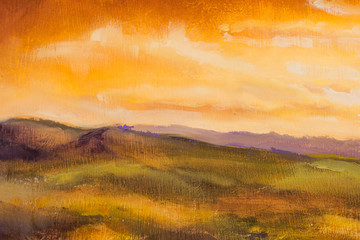 Naklejka premium Warm sunset in mountains closeup artistic painting background.