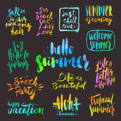 Vector set of Hand drawn calligraphy. Summer holidays and vacation phrases and greetings.