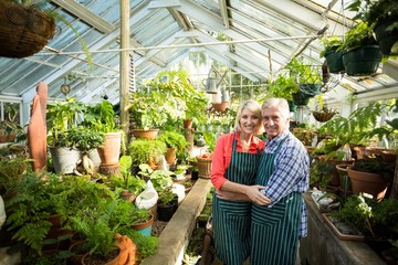 Couple standing amidst plants at greenhouse