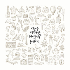Vector set of hand drawn summer vacation, beach and travel items and objects.