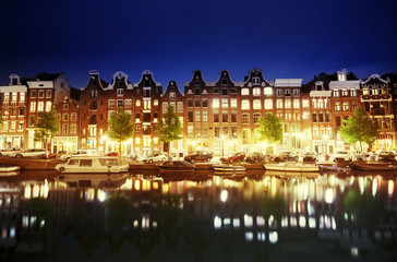 Canal in Amsterdam at night, Netherlands
