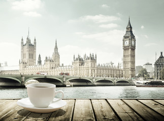 Big Ben and cup of coffee, London, UK