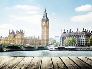 Foto auf Acrylglas Big Ben and wooden surface, London, UK © Iakov Kalinin