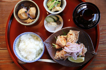 karaage with rice and soup japanese food