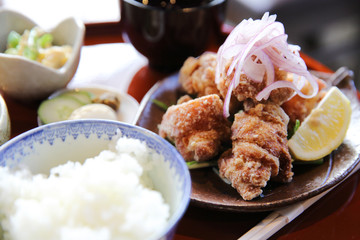 karaage with rice and soup japanese food