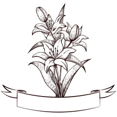 Lilies and vintage tape, engraving